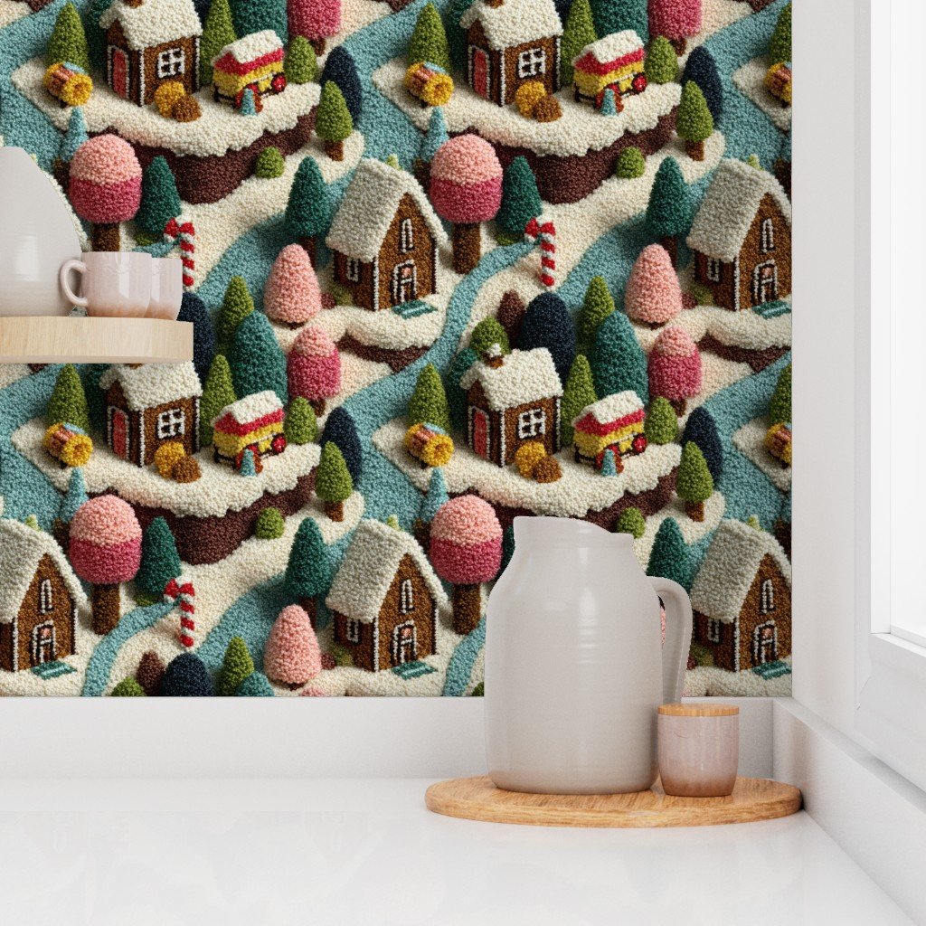 Gingerbread Crocheted Christmas Candy Land Village Wallpaper