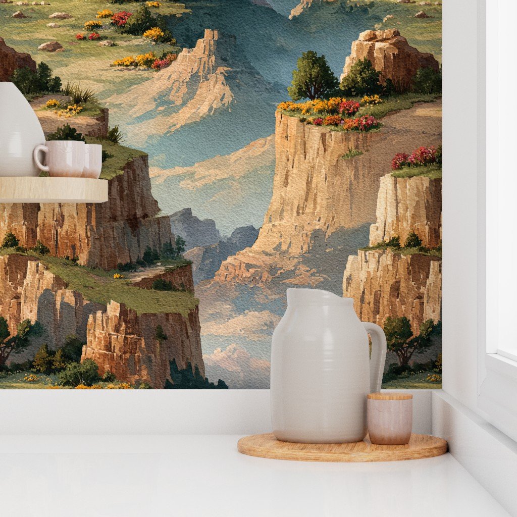 Spring Blossoms Over the Grand Canyon Watercolor Landscape Wallpaper