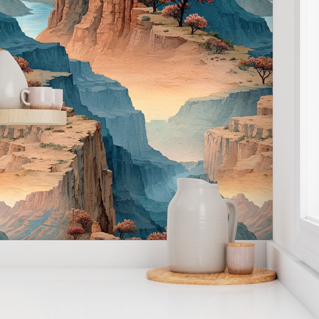 Spring Blossoms Over the Grand Canyon Watercolor Landscape Wallpaper
