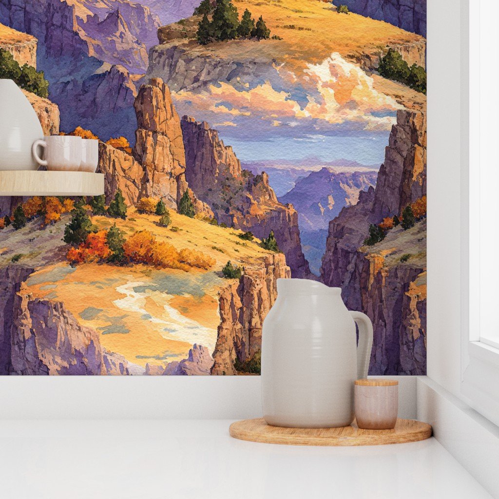 Autumn Glow Over the Grand Canyon Watercolor Landscape Wallpaper