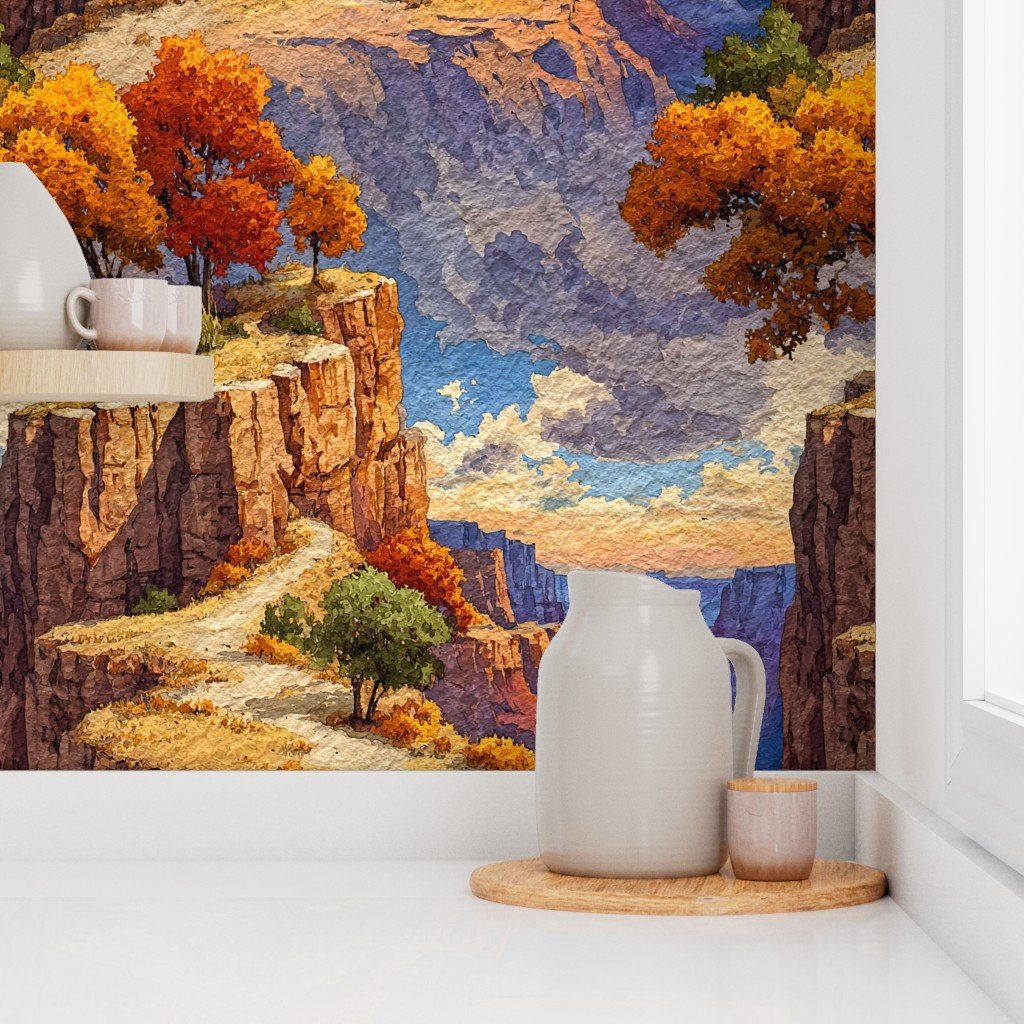 Autumn Glow Over the Grand Canyon Watercolor Landscape Wallpaper