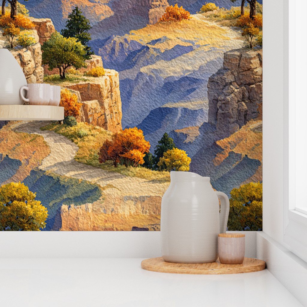 Autumn Glow Over the Grand Canyon Watercolor Landscape Wallpaper