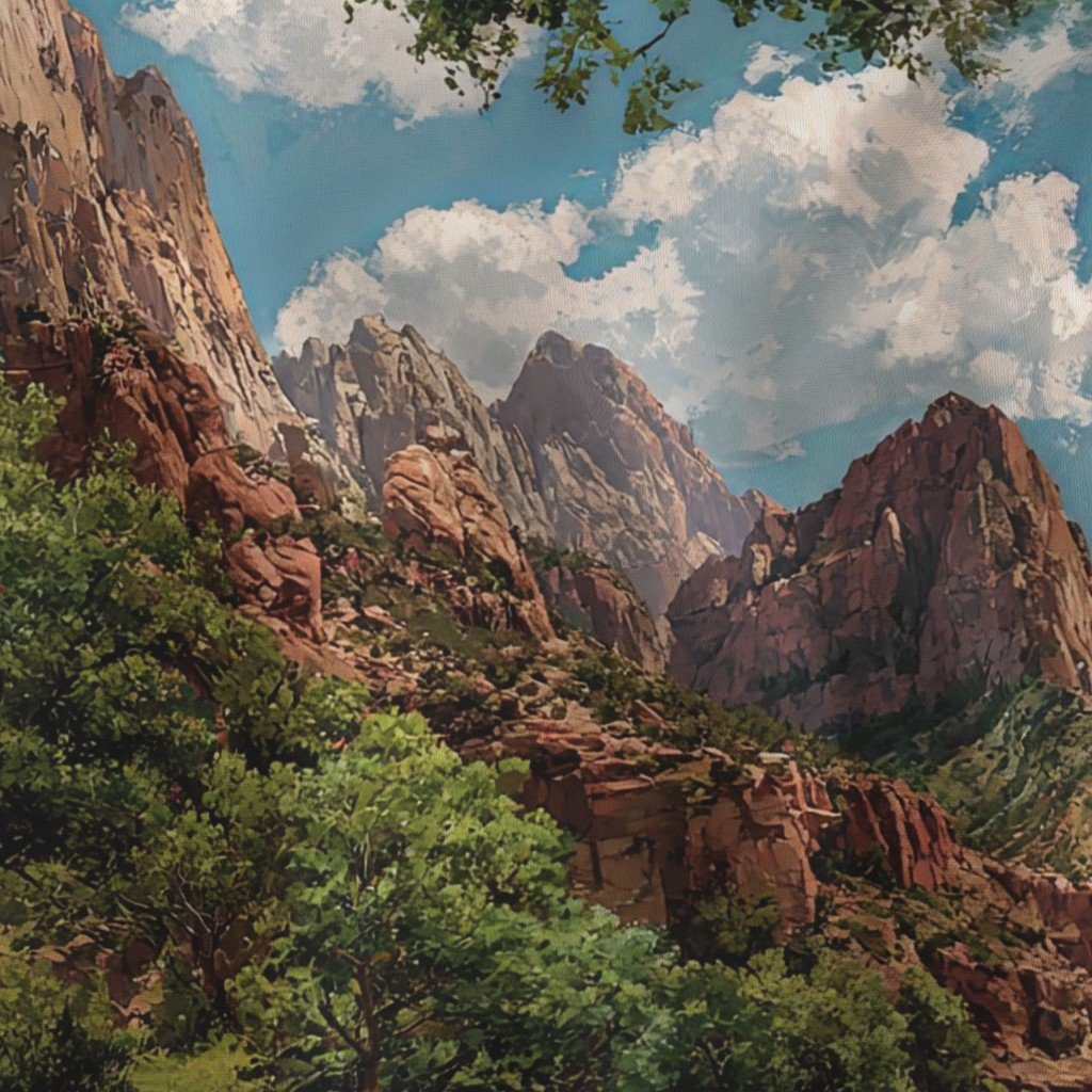 Spring Panorama of Zion Canyon Watercolor Landscape