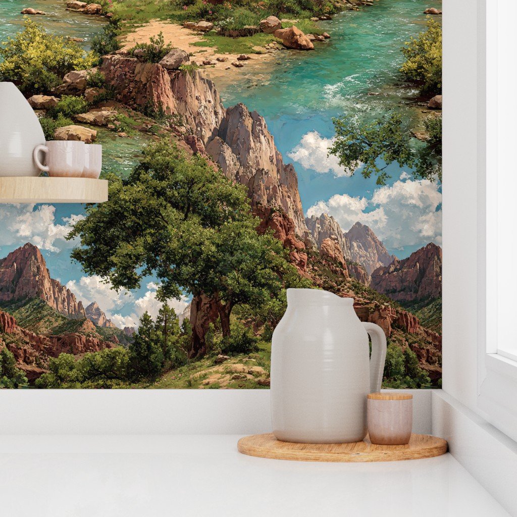 Spring Panorama of Zion Canyon Watercolor Landscape Wallpaper