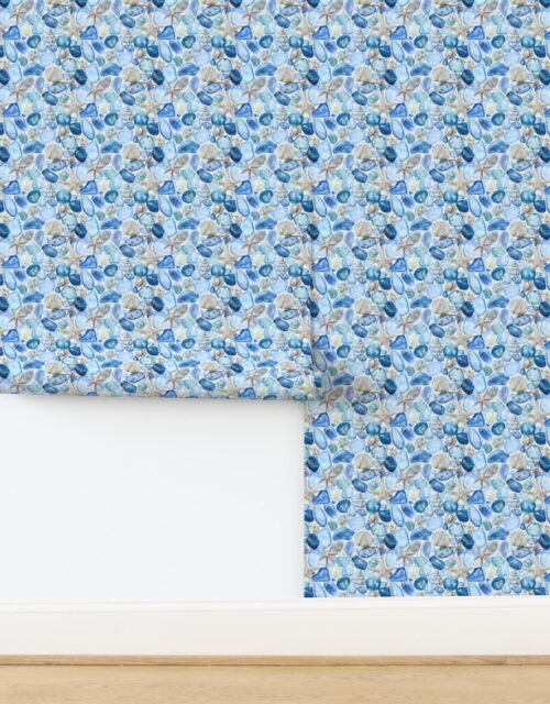 Watercolor Sea Glass Shells and Starfish Coastal Pattern in Seafoam Aqua Wallpaper