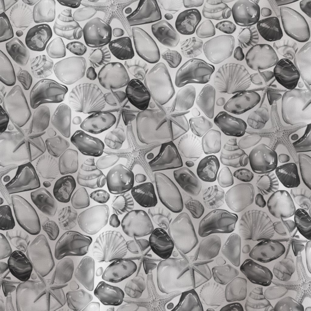 Watercolor Sea Glass Shells and Starfish Coastal Pattern in Black and White