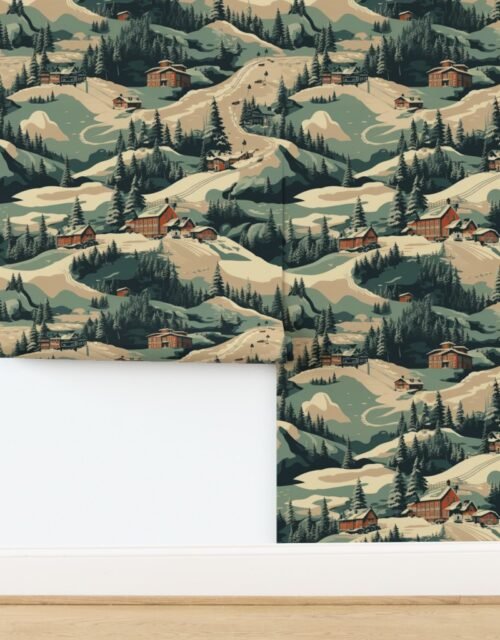 Vintage Alpine Ski Village in Deep Blue Tones Wallpaper