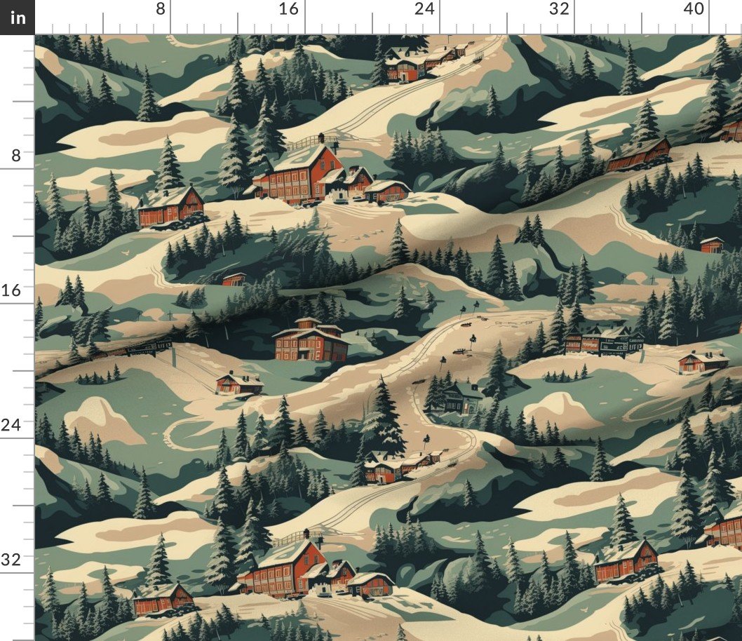 Vintage Alpine Ski Village in Deep Blue Tones Vintage Alpine Ski Village in Deep Blue Tones