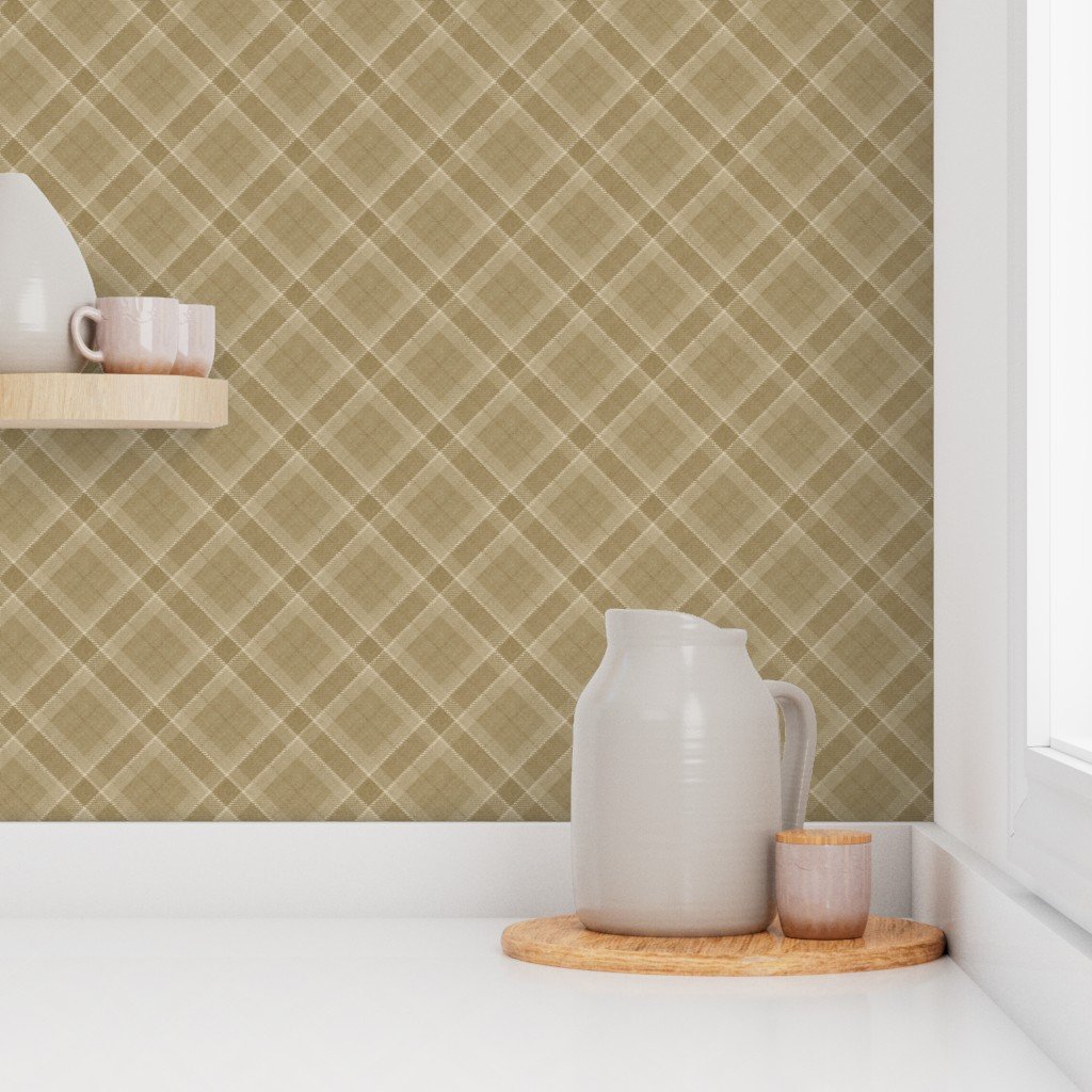 Warm Sand and Soft Taupe Wool Texture Small Diagonal Tartan Plaid Wallpaper