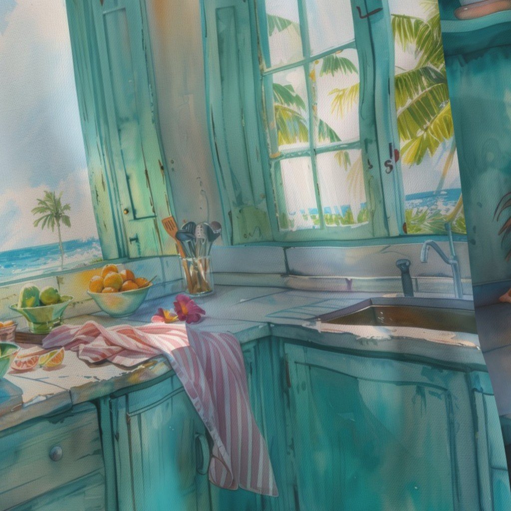 Miami Tropical Kitchen Watercolor with Palm and Ocean View