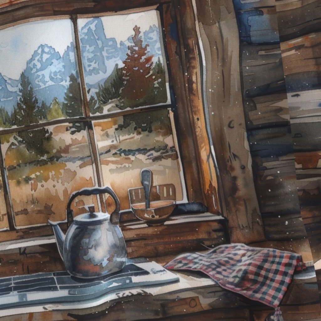 Wyoming Log Cabin Kitchen Interior Watercolor Painting