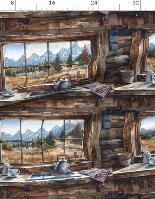Wyoming Log Cabin Kitchen Interior Watercolor Painting