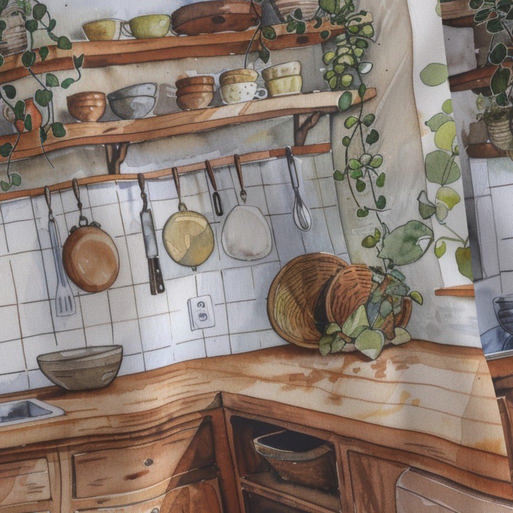 Boho Kitchen Interior Watercolor with Open Shelves and Wood Cabinetry