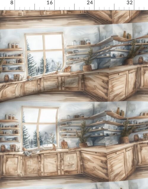 Scandinavian Winter Kitchen Watercolor with Snowy Forest View