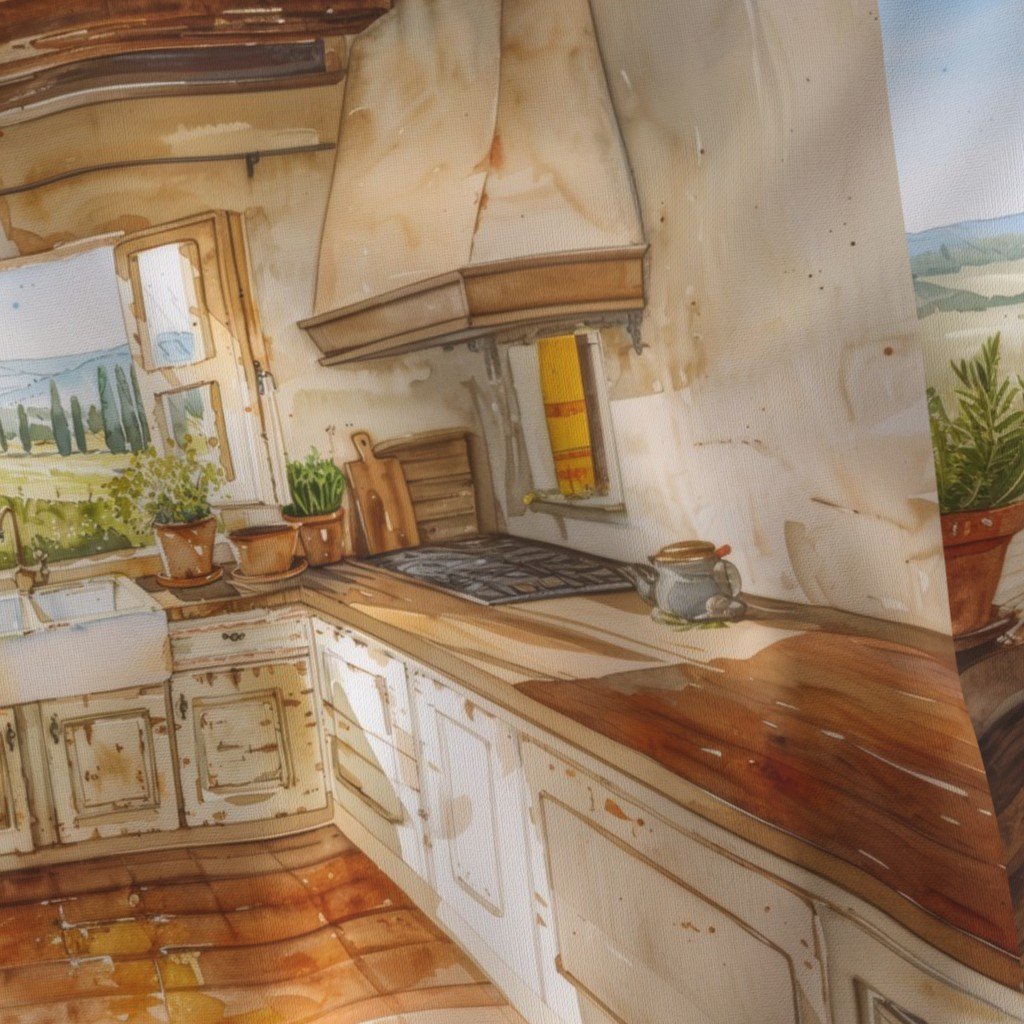 Tuscan Countryside Kitchen with Sunlit Farmhouse Sink Watercolor