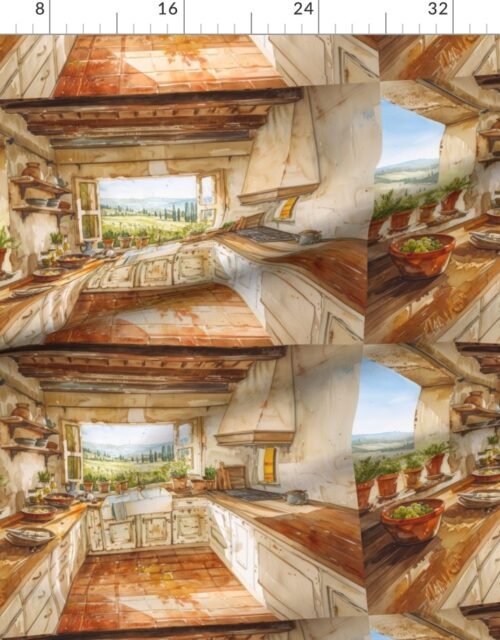 Tuscan Countryside Kitchen with Sunlit Farmhouse Sink Watercolor