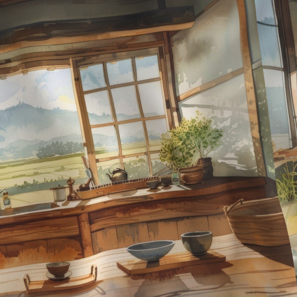 Japanese Countryside Kitchen with Rice Field View Watercolor
