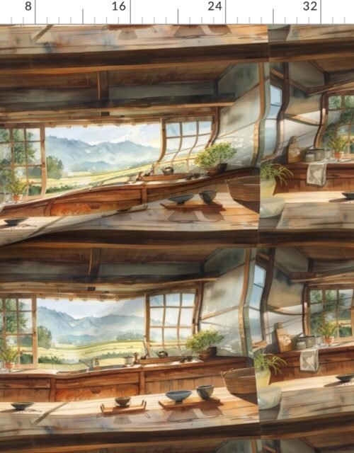 Japanese Countryside Kitchen with Rice Field View Watercolor