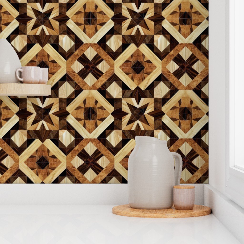 Geometric Marquetry Wood Inlay Pattern in Rich Dark Wood Tones Wallpaper
