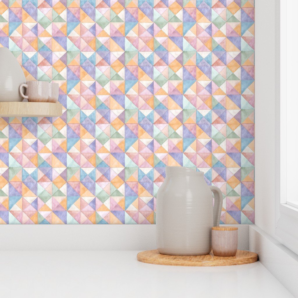 Soft Watercolor Quilted Patchwork Triangles in Peach Lavender and Sage Wallpaper