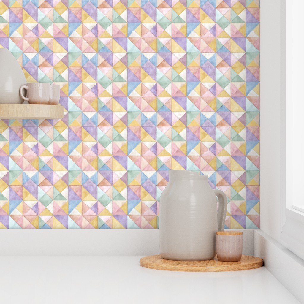 Soft Watercolor Quilted Patchwork Triangles Butter Yellow Lavender and Sage Wallpaper