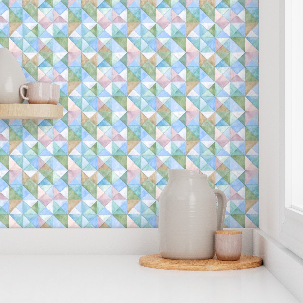Soft Watercolor Quilted Patchwork Triangles in Sky Blue and Sage Wallpaper