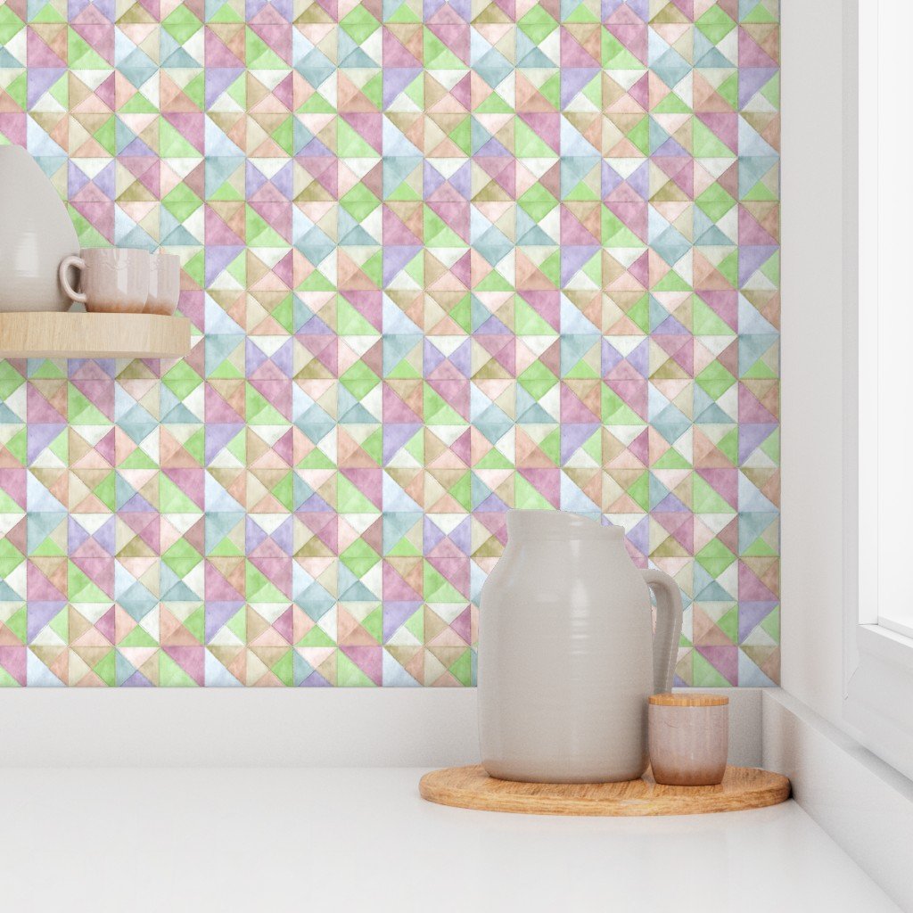 Soft Watercolor Quilted Patchwork Triangles in Spring Green and Pastels Wallpaper