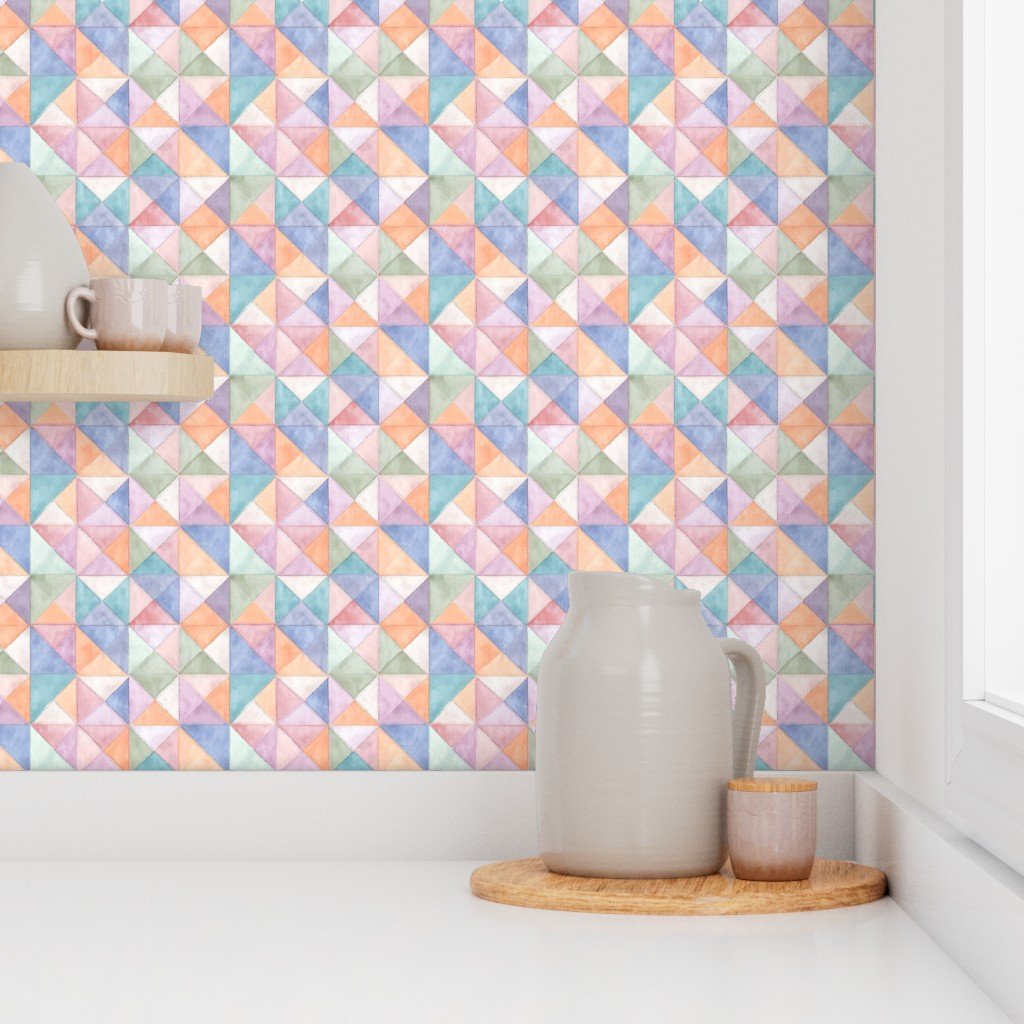 Soft Watercolor Quilted Patchwork Triangles in Peach Lavender and Sage Wallpaper