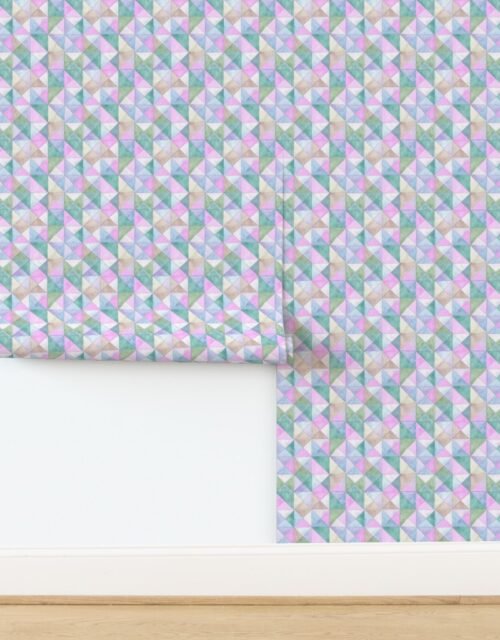 Soft Watercolor Quilted Patchwork Triangles in Pink Mint and Sage Wallpaper