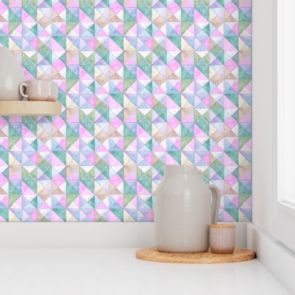 Soft Watercolor Quilted Patchwork Triangles in Pink Mint and Sage Wallpaper