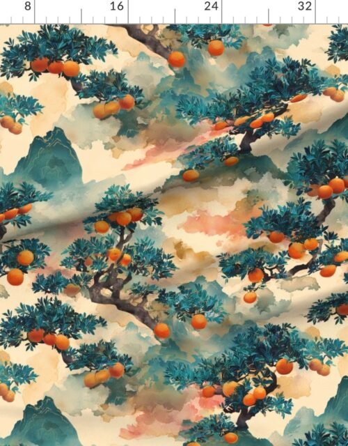 Watercolor Japanese Orange Tree Bonsai with Mountains