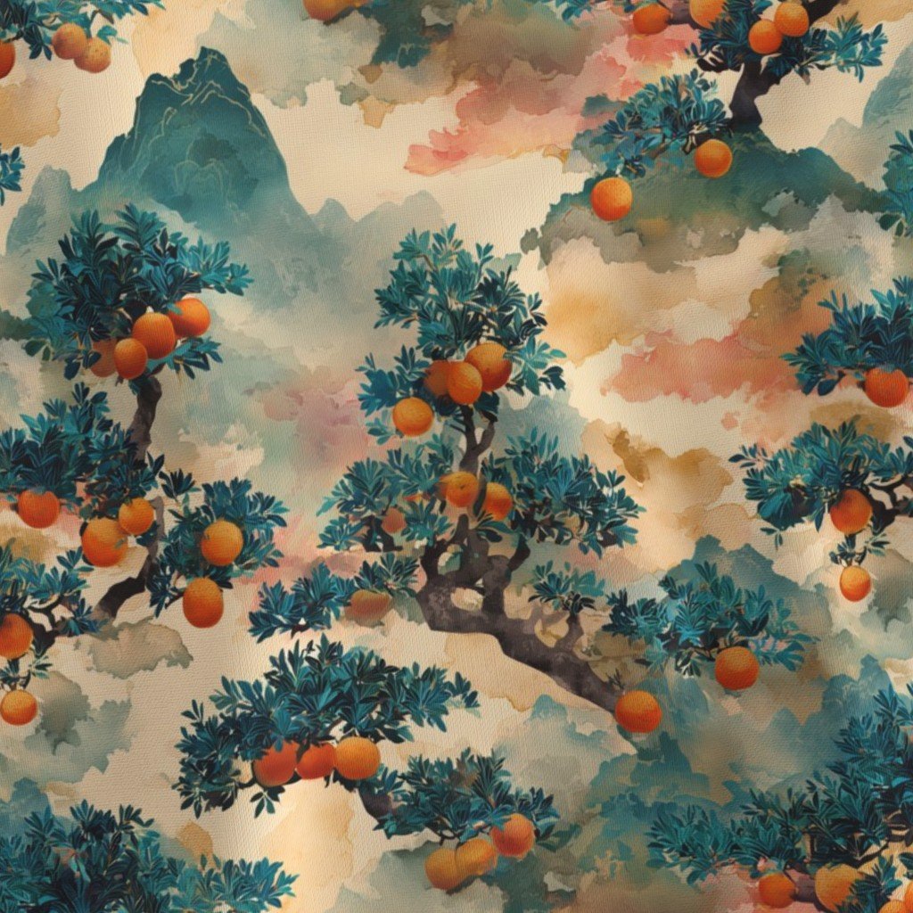 Small Watercolor Japanese Bonsai Orange Tree Pattern