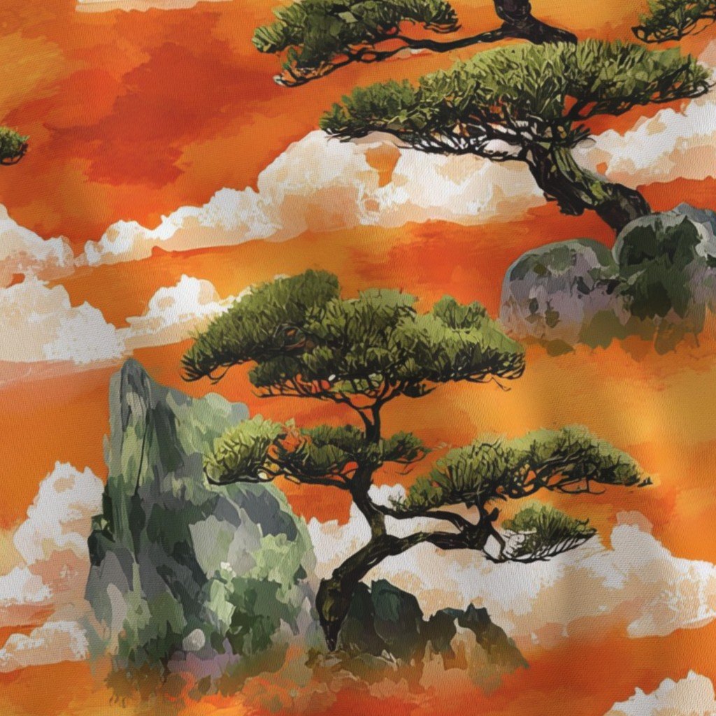 Watercolor Japanese Bonsai Pines Floating on Misty Mountains