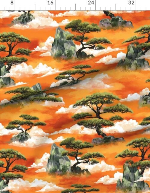 Watercolor Japanese Bonsai Pines Floating on Misty Mountains