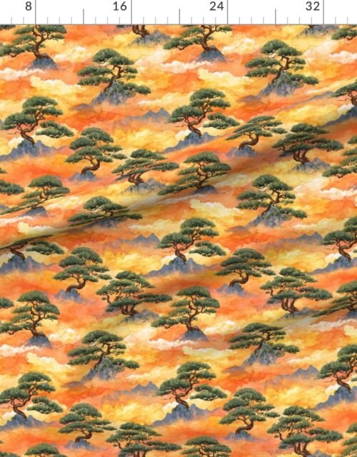 Small Watercolor Japanese Bonsai Pines in Golden Clouds