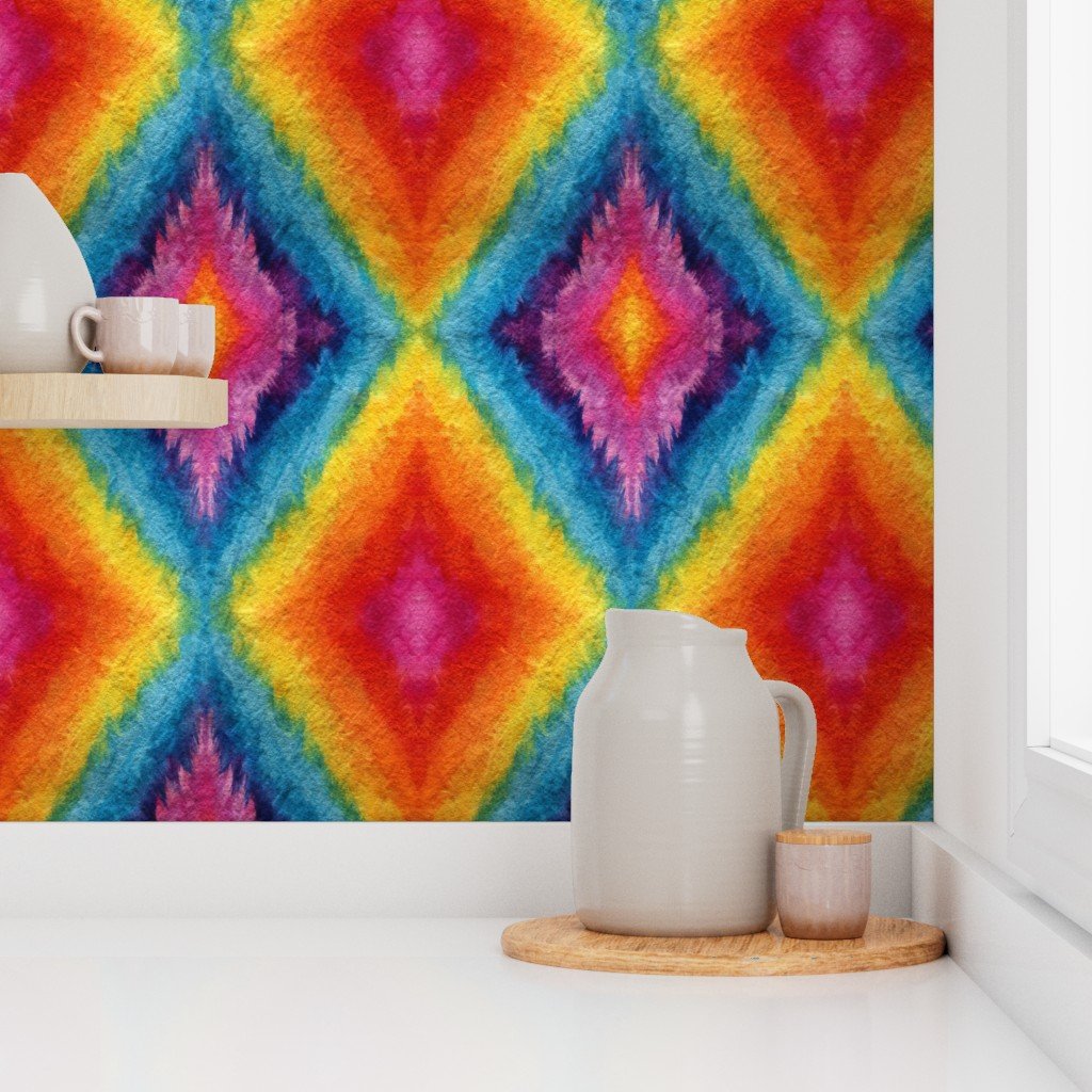 Vibrant Watercolor Diamond Ikat Pattern in Rainbow Colors Wallpaper