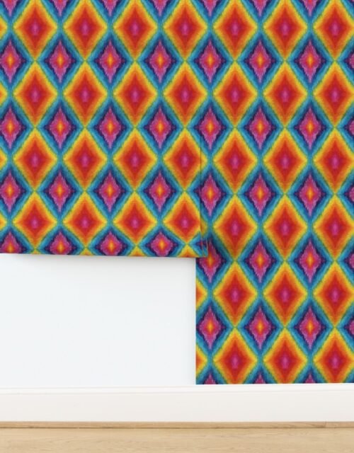 Vibrant Watercolor Diamond Ikat Pattern in Rainbow Colors Small Scale Wallpaper