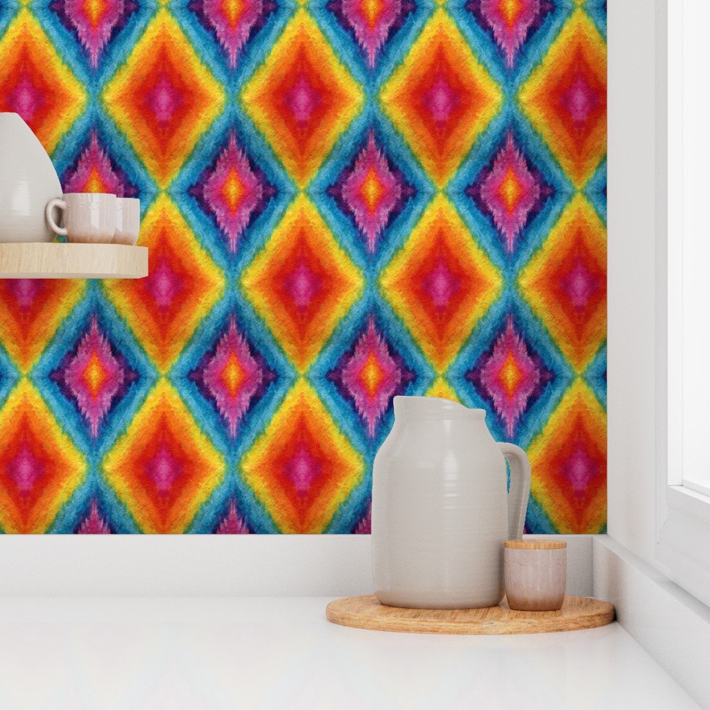 Vibrant Watercolor Diamond Ikat Pattern in Rainbow Colors Small Scale Wallpaper