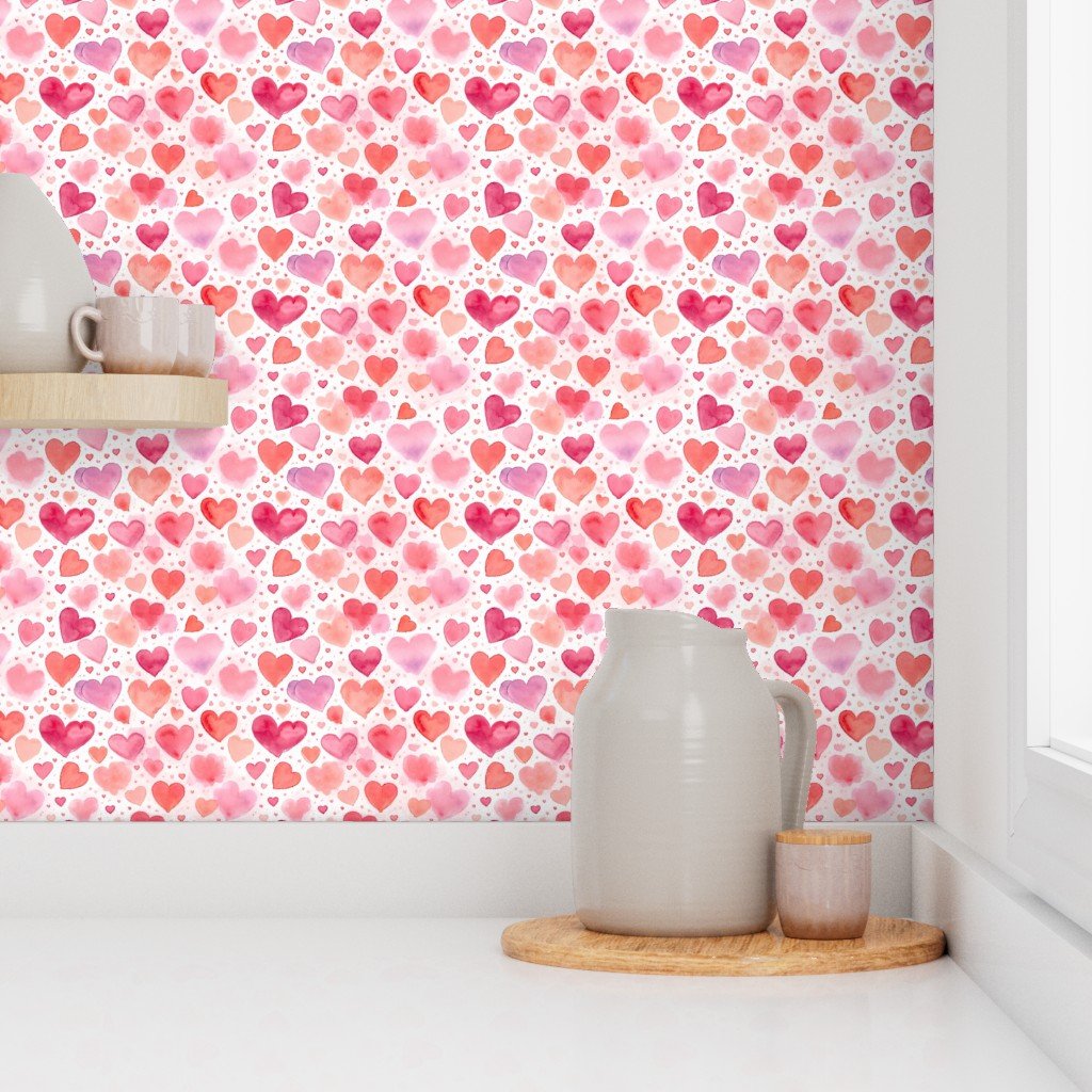 Watercolor Pink and Red Valentines Hearts Small Pattern Wallpaper