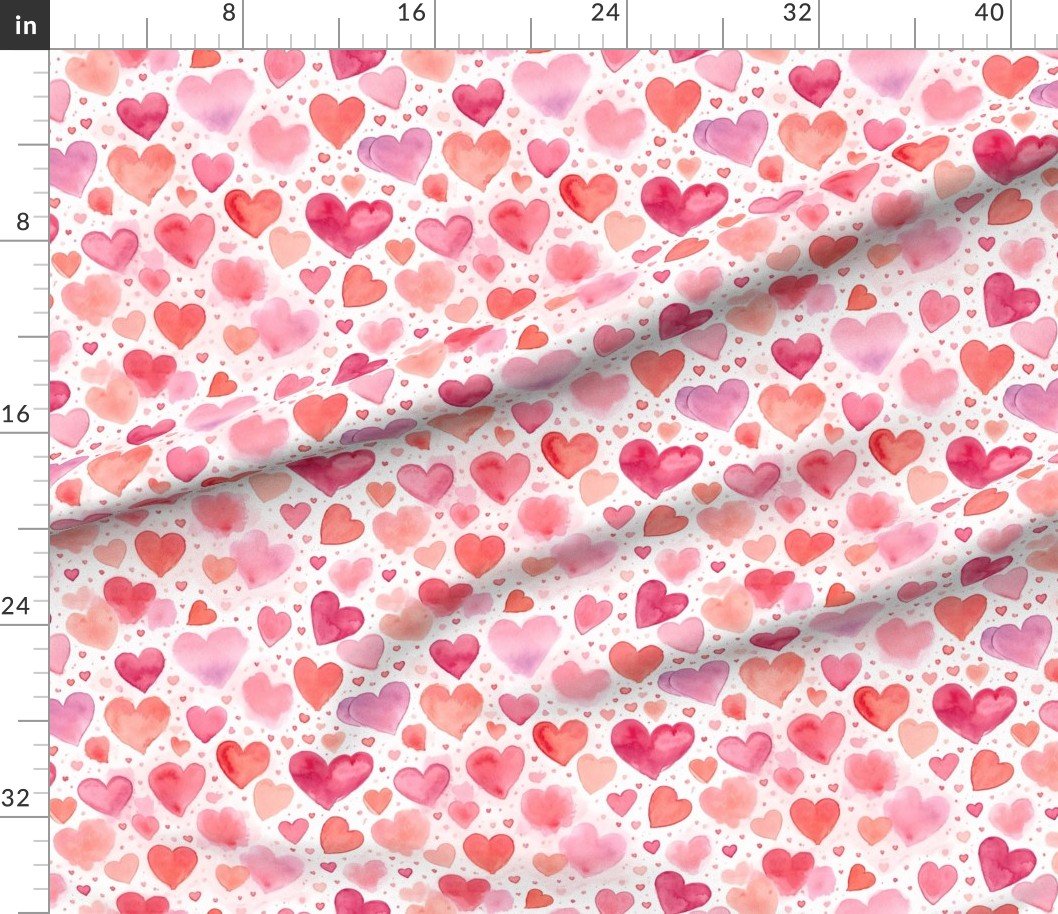 Watercolor pink and red hearts mini pattern fabric design