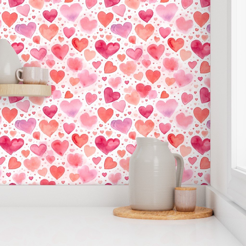 Watercolor Pink and Red Valentines Hearts Mini Pattern Wallpaper