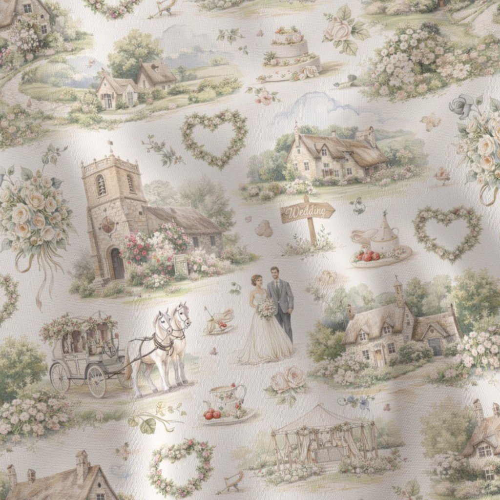 Cream English Village Wedding Toile Watercolor Pattern