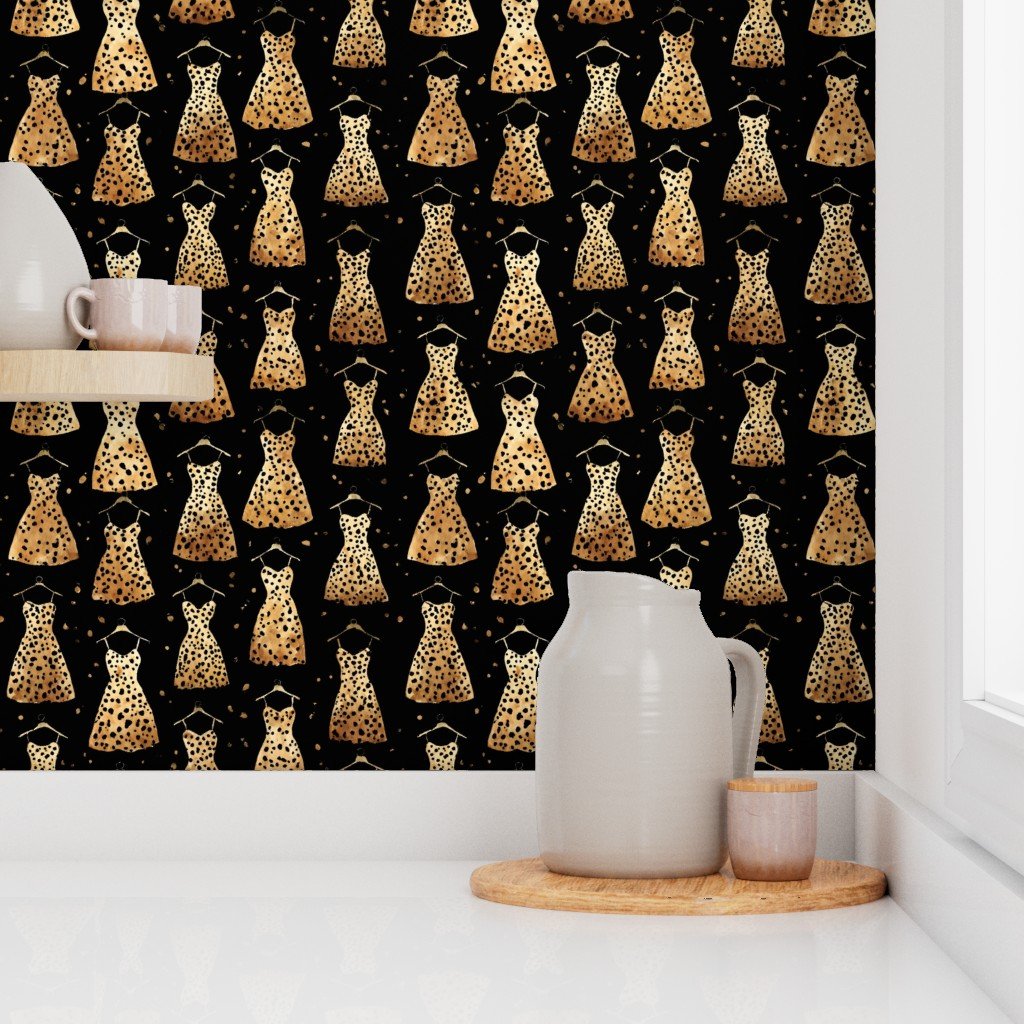 Watercolor Leopard Print Dresses on Black Background Wallpaper