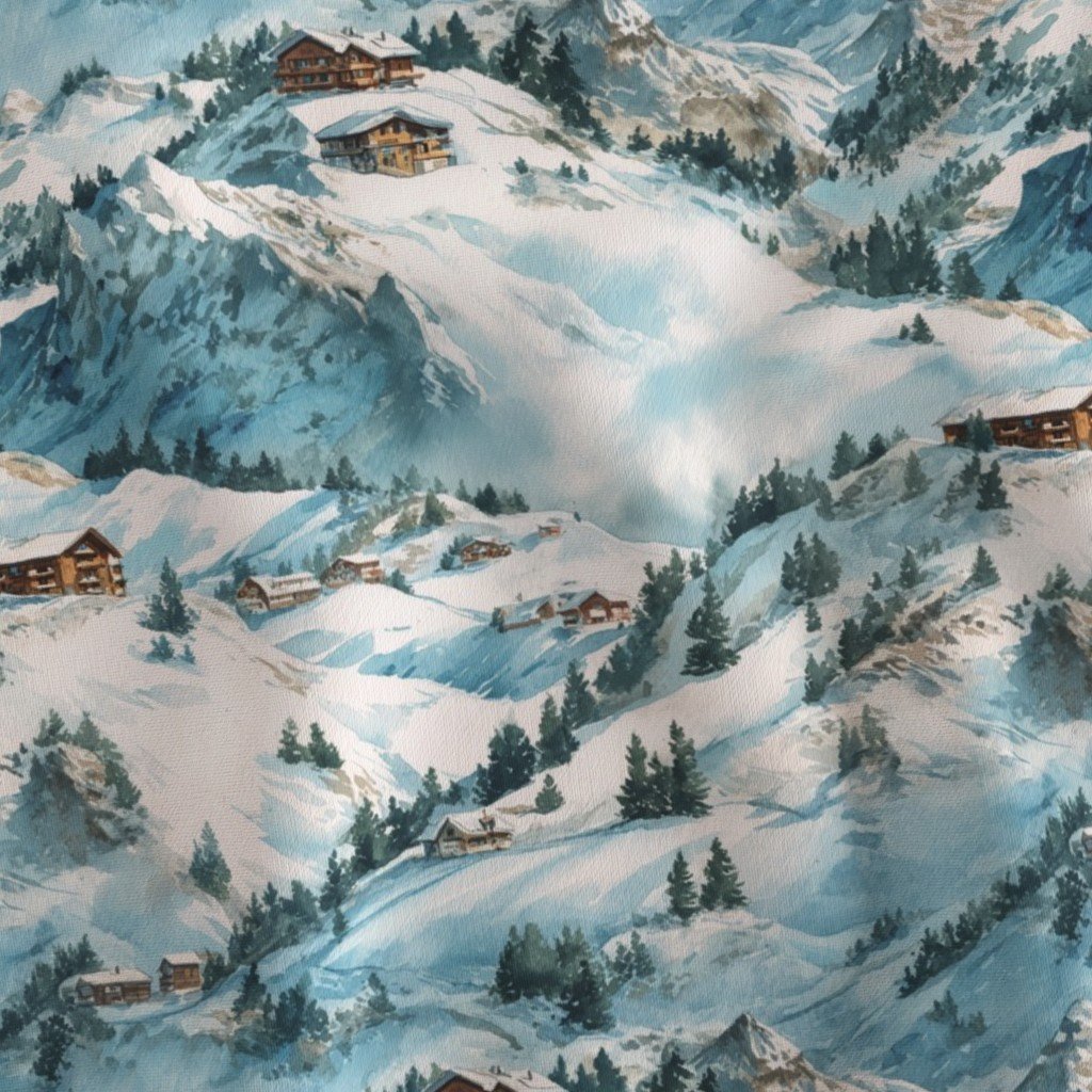 Tyrolean Alps Ski Village Watercolor Winter Landscape