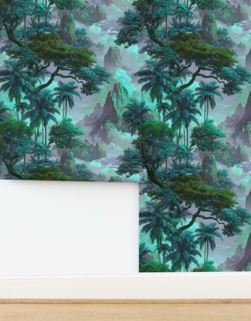 Vintage Hawaiian Watercolor Landscape Misty Mountains Palms in Teal Aqua Wallpaper