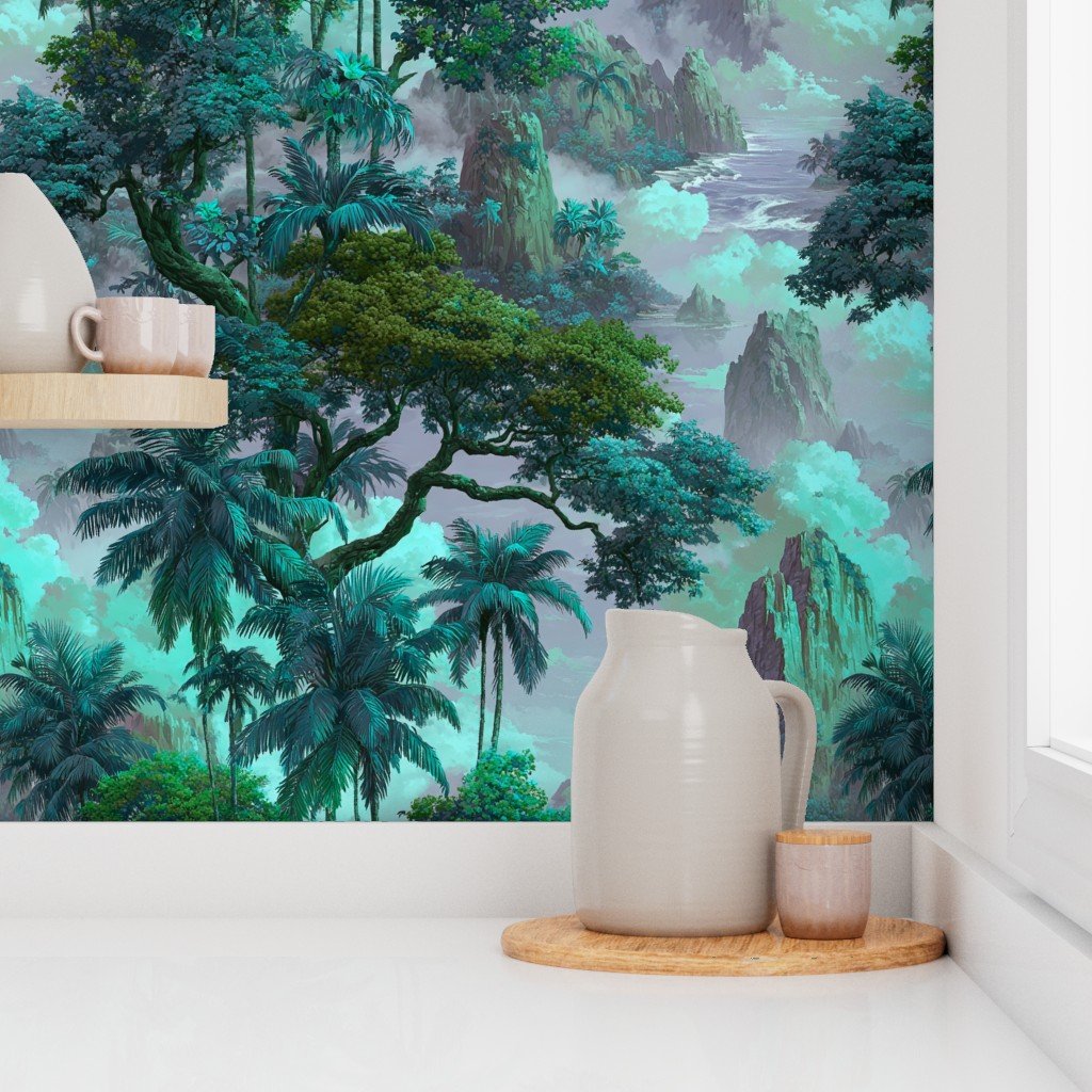Vintage Hawaiian Watercolor Landscape Misty Mountains Palms in Teal Aqua Wallpaper