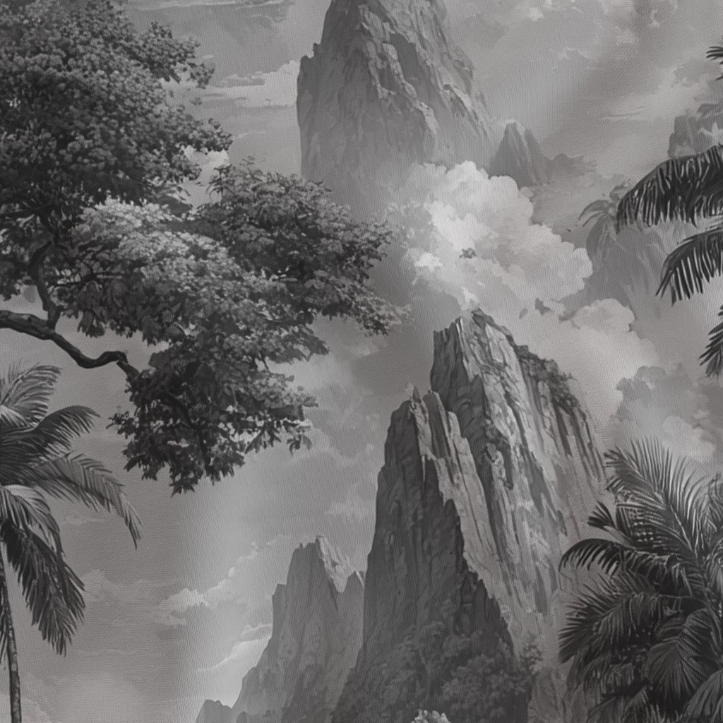 Vintage Hawaiian Watercolor Misty Mountains Palms in Black White