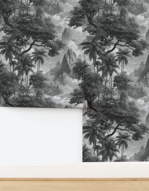 Vintage Hawaiian Watercolor Misty Mountains Palms in Black White Wallpaper
