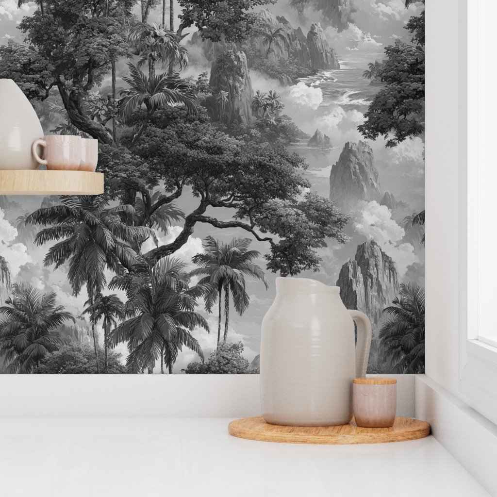 Vintage Hawaiian Watercolor Misty Mountains Palms in Black White Wallpaper