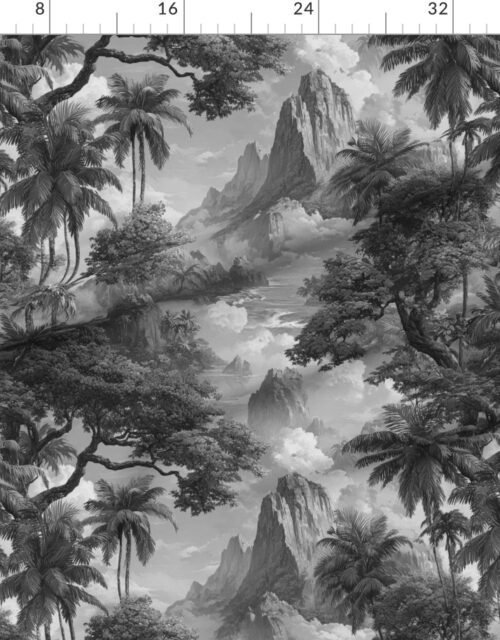 Vintage Hawaiian Watercolor Misty Mountains Palms in Black White